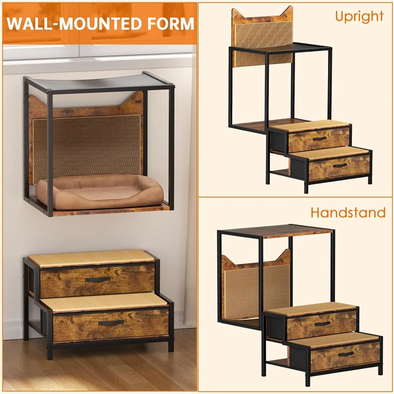 Percha para Ventana de Gato con Escalera – Mueble para Gatos, Montable en Pared o Uso en Piso, con Rascador y Tapetes para Junto a la Cama
