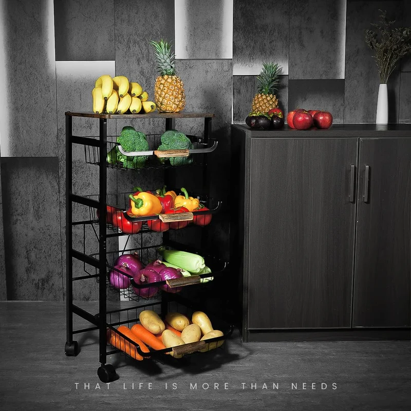 Contenedor de Almacenamiento de 5 Niveles para Papas y Cebollas, Gabinete para Frutas y Verduras con Encimera, Carrito de Snacks con Ruedas Universales
