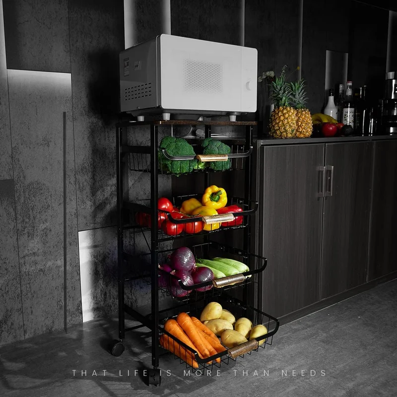 Contenedor de Almacenamiento de 5 Niveles para Papas y Cebollas, Gabinete para Frutas y Verduras con Encimera, Carrito de Snacks con Ruedas Universales