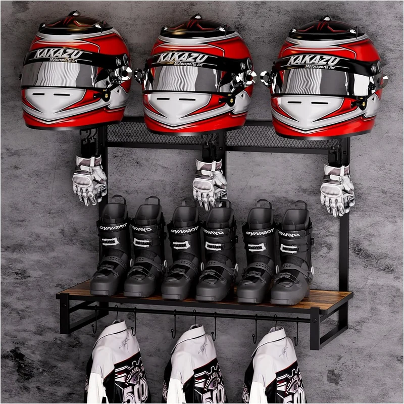 Soporte de Casco de Pared – Porta Casco para Motocicleta, Retro de Madera y Hierro, Tipo Exhibición (Grande)
