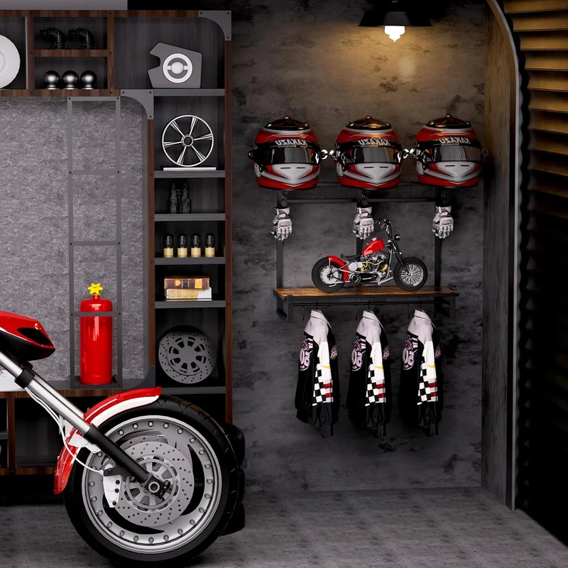 Soporte de Casco de Pared – Porta Casco para Motocicleta, Retro de Madera y Hierro, Tipo Exhibición (Grande)