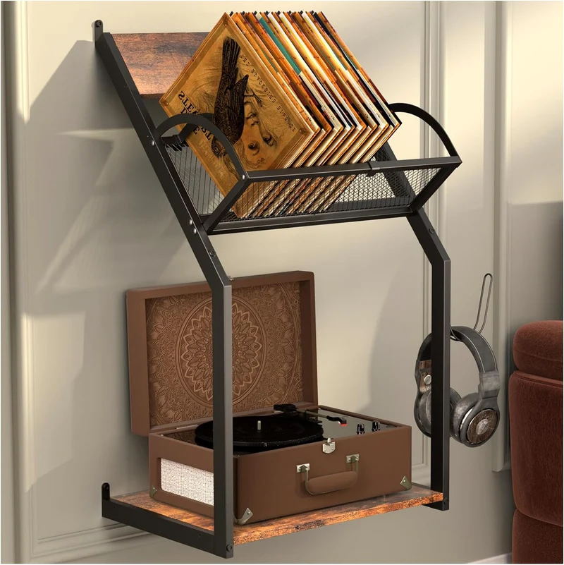 Soporte de Tocadiscos Montado en Pared – Estante para Vinilos con Almacenamiento