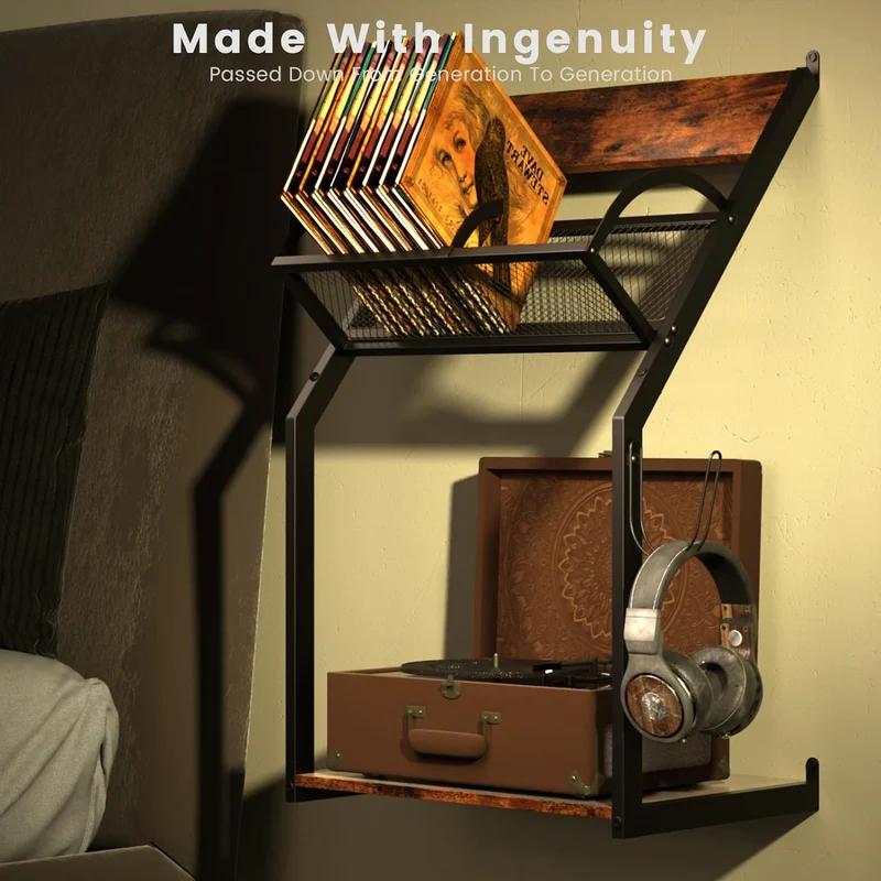 Soporte de Tocadiscos Montado en Pared – Estante para Vinilos con Almacenamiento