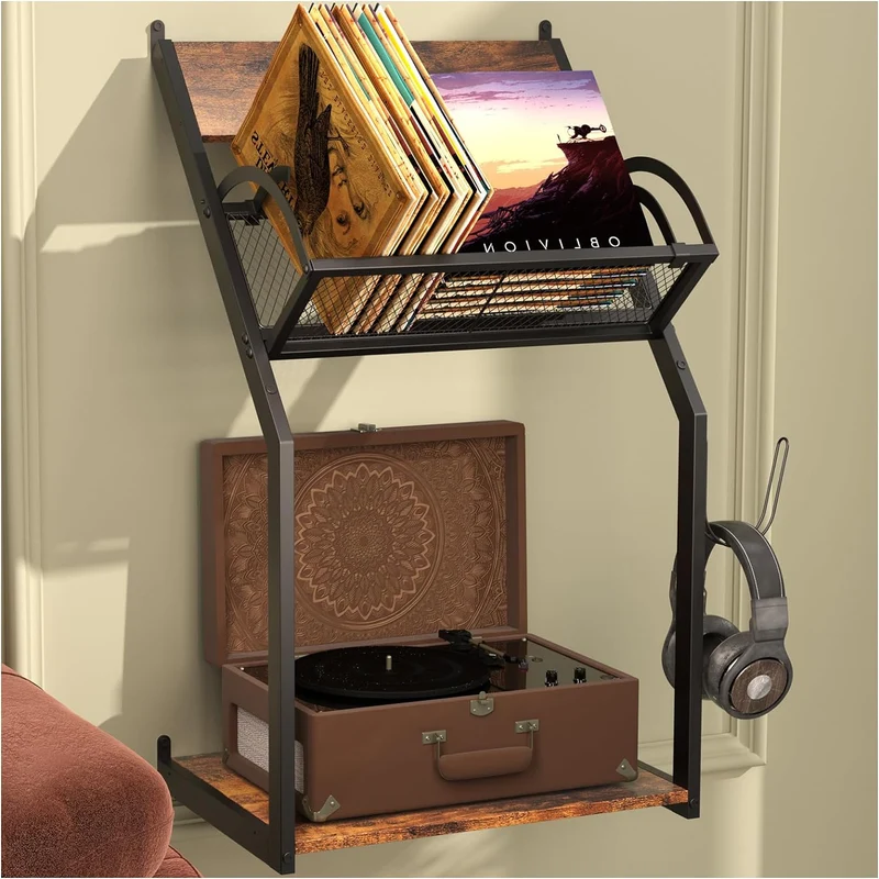 Soporte de Tocadiscos Montado en Pared – Estante para Vinilos con Almacenamiento