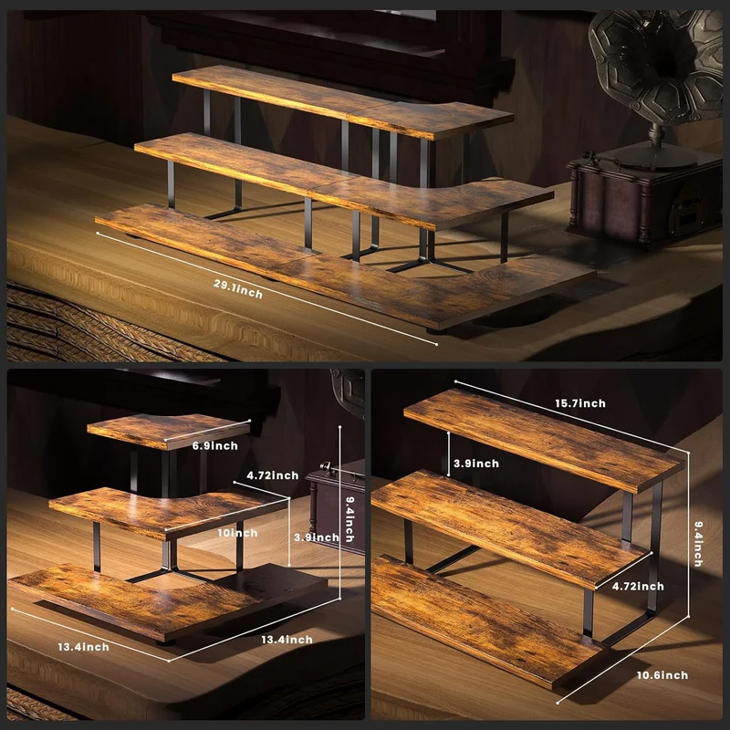 Soporte de Exhibición de 3 Niveles – Organizador de Estantes en Capas Sostenible, Soporte de Exhibición de Madera de Hierro, Multifuncional