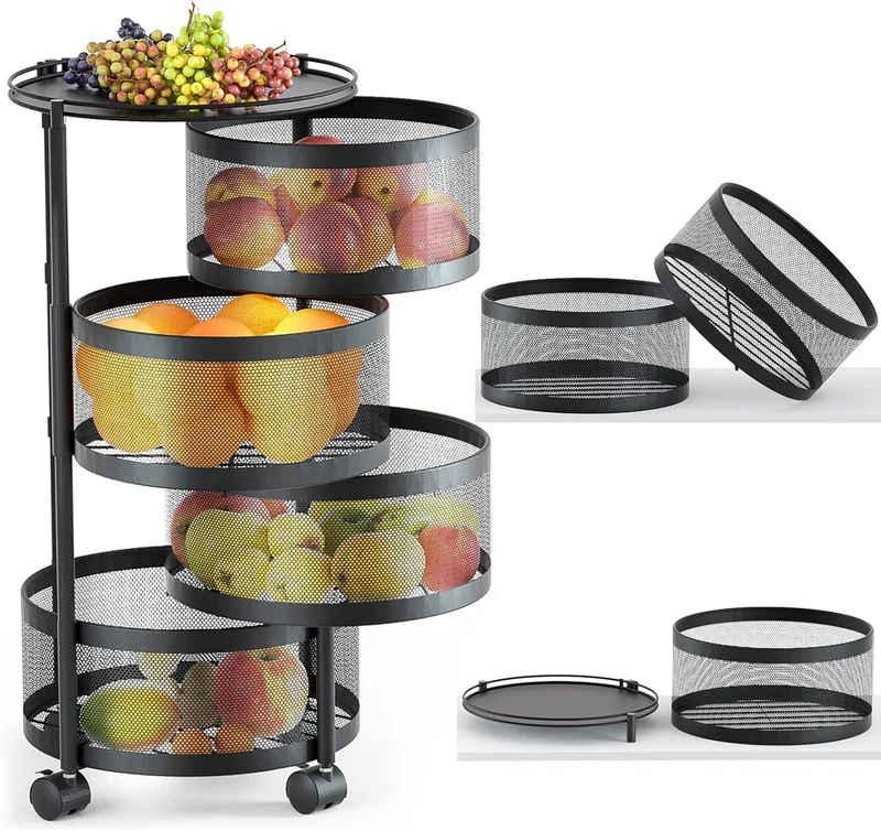 Estantería Giratoria para Cocina, 4 Niveles para Frutas y Verduras, Carrito de Almacenamiento Giratorio con Ruedas, Organizador de Cocina, Ahorra Espacio, Canasta para Papas y Frutas, Negro