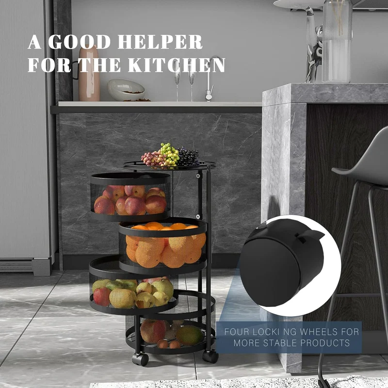 Estantería Giratoria para Cocina, 4 Niveles para Frutas y Verduras, Carrito de Almacenamiento Giratorio con Ruedas, Organizador de Cocina, Ahorra Espacio, Canasta para Papas y Frutas, Negro