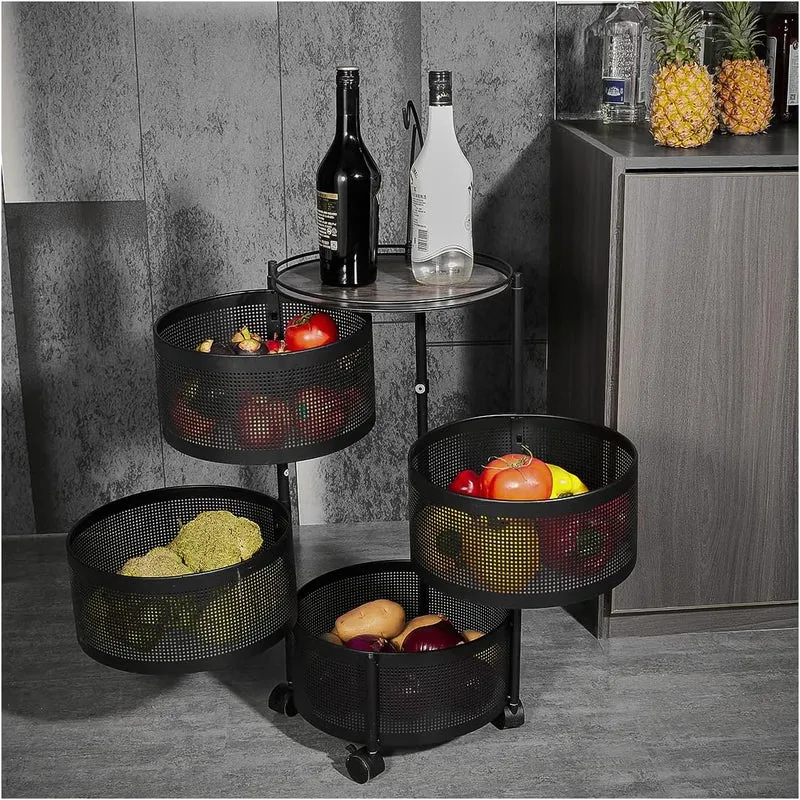 Estantería Giratoria para Cocina, 4 Niveles para Frutas y Verduras, Carrito de Almacenamiento Giratorio con Ruedas, Organizador de Cocina, Ahorra Espacio, Canasta para Papas y Frutas, Negro