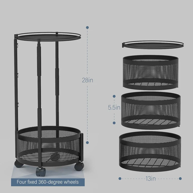 Estantería Giratoria para Cocina, 4 Niveles para Frutas y Verduras, Carrito de Almacenamiento Giratorio con Ruedas, Organizador de Cocina, Ahorra Espacio, Canasta para Papas y Frutas, Negro