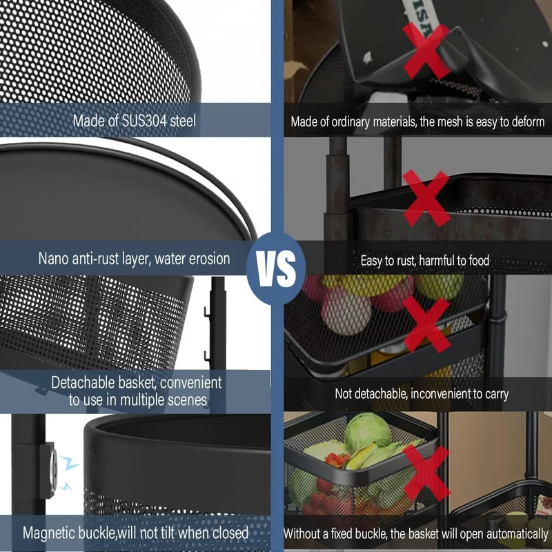 Estantería Giratoria para Cocina, 4 Niveles para Frutas y Verduras, Carrito de Almacenamiento Giratorio con Ruedas, Organizador de Cocina, Ahorra Espacio, Canasta para Papas y Frutas, Negro