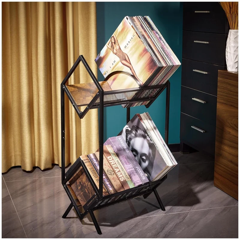 Estantería para Vinilos, Soporte para Discos de Vinil, Rack de 2 Niveles para Álbumes, Almacenamiento para 170-220 LP, Exhibidor de Discos de Vinil