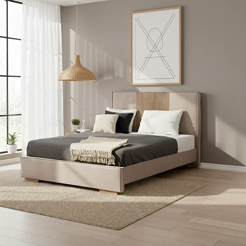 Combo Cama Doble Tokyo Taupe, Natural + Colchón Valencia Pillow Top