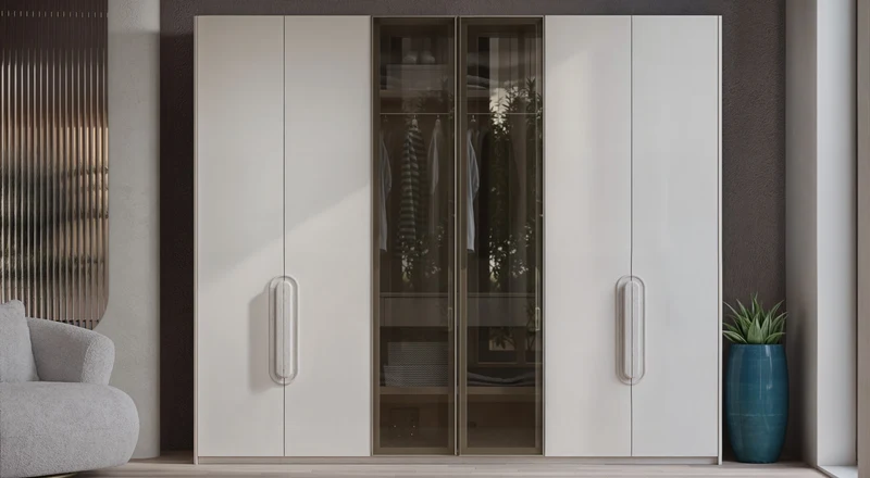 Traverta Armadio 6 Ante LED Interno, Soft-Close, Finitura Effetto Travertino