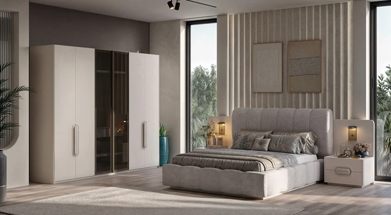 Traverta Armadio 6 Ante LED Interno, Soft-Close, Finitura Effetto Travertino