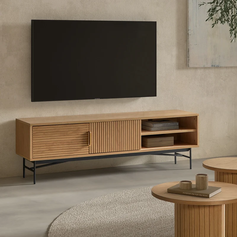 TV unit in natural laminated oak with metal legs