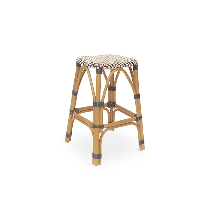 Stool upholstered in taupe rattan