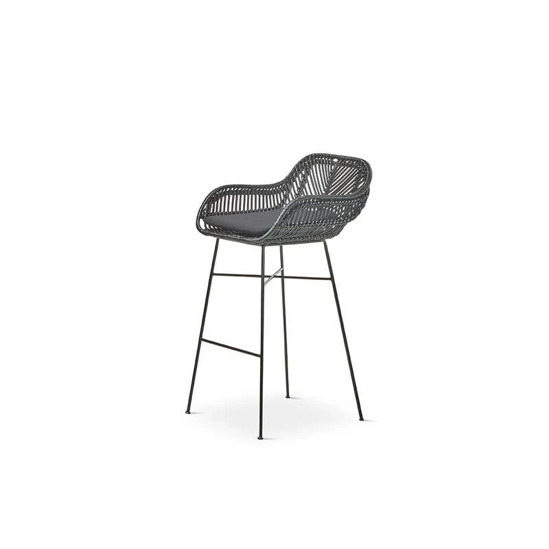 Stool upholstered in black rattan with metal legs