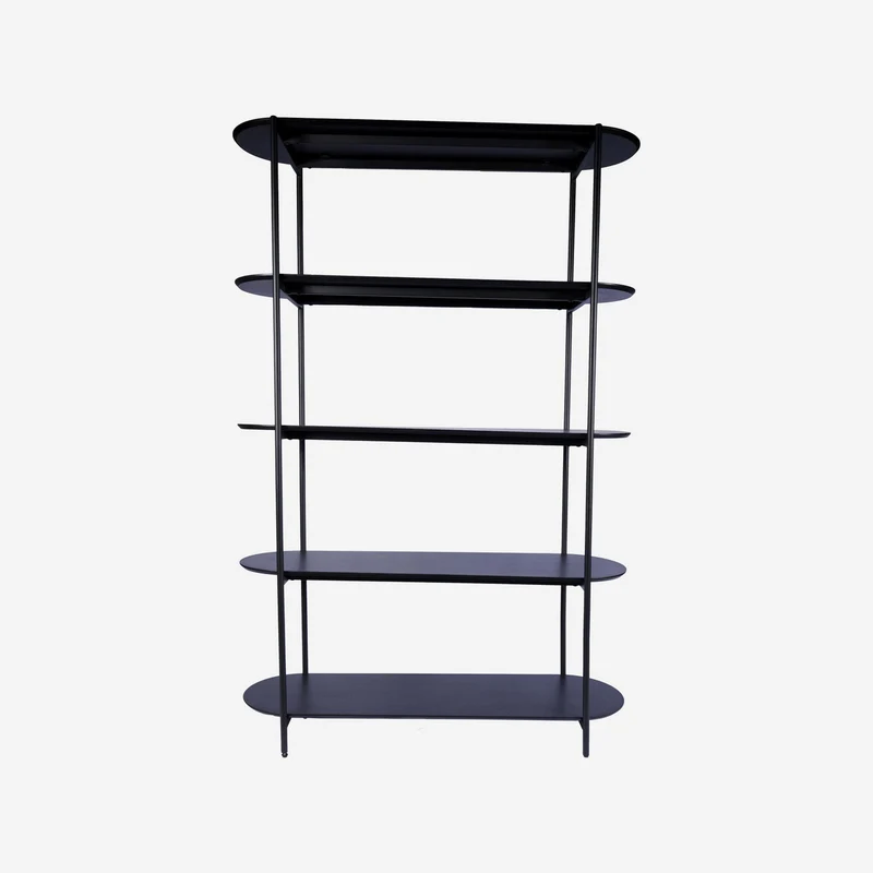 Black oak veneer shelving unit with metal legs