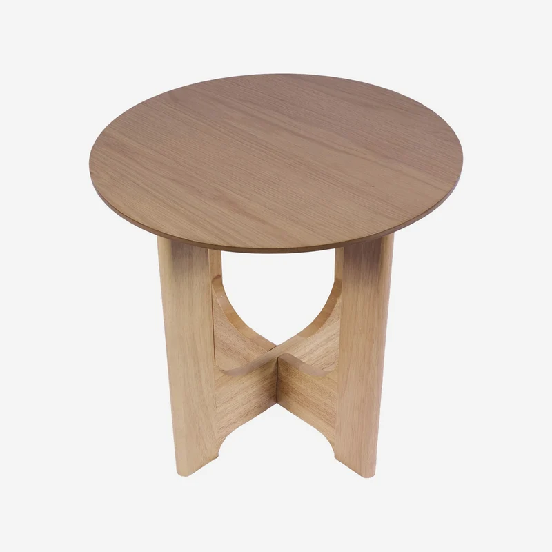 Round side table in natural oak veneer with cross base, 48 cm