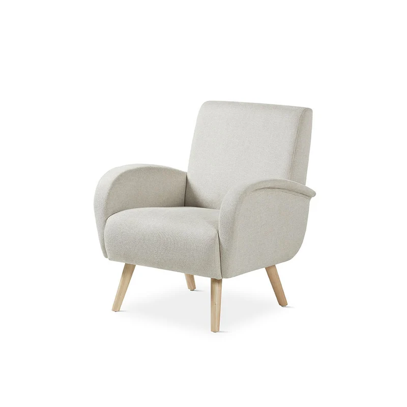 Beige fabric armchair with wooden legs, 74 cm