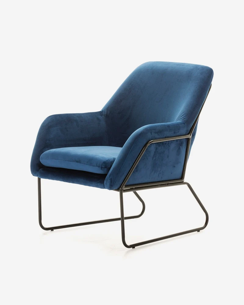 Armchair upholstered in blue velvet, 71 cm