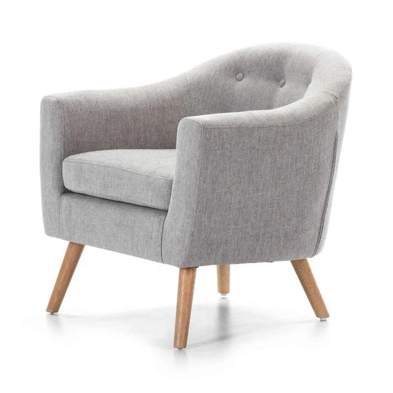 Armchair upholstered in grey fabric with oak legs