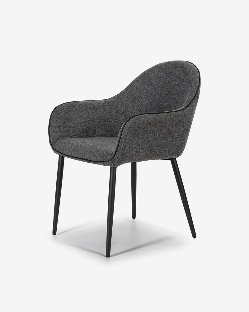 Chair upholstered in dark grey fabric with metal legs