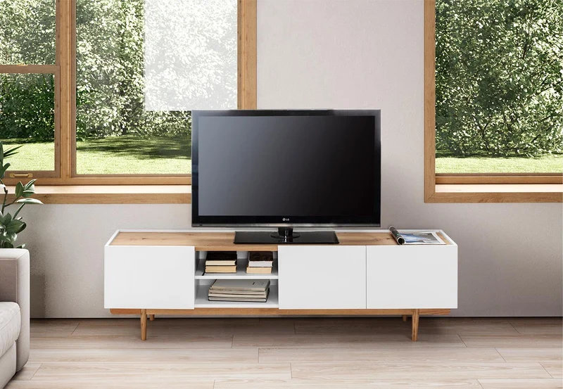 TV unit in white lacquer with oak legs