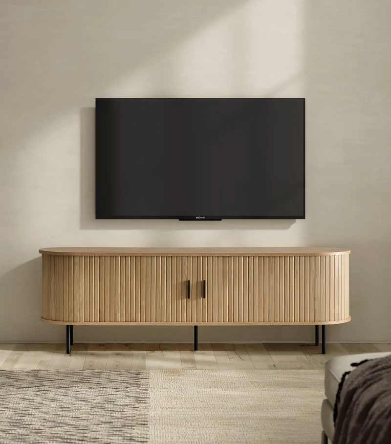 TV unit in natural oak veneer with metal legs