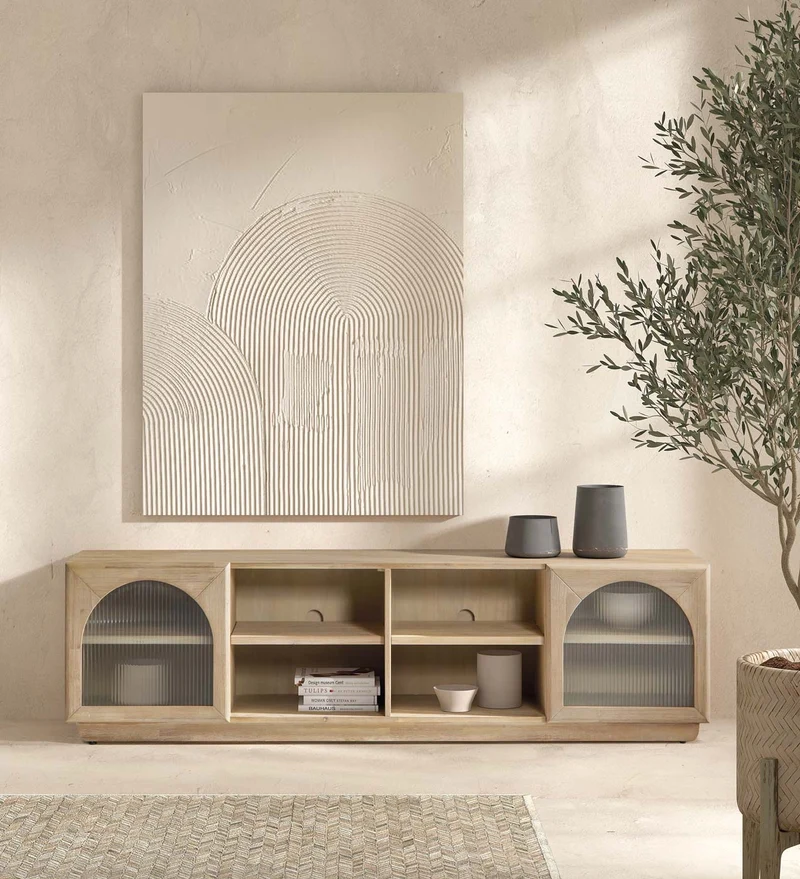 TV unit in natural solid wood with four open arched compartments, 200 cm