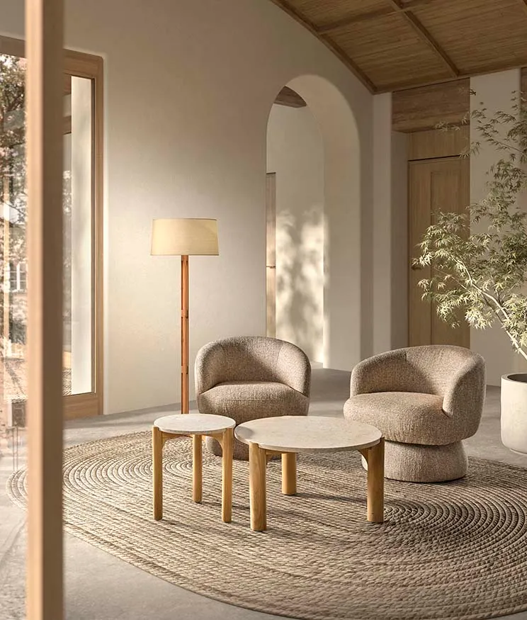 Round side table in natural marble with solid wood legs, 70 x 70 cm