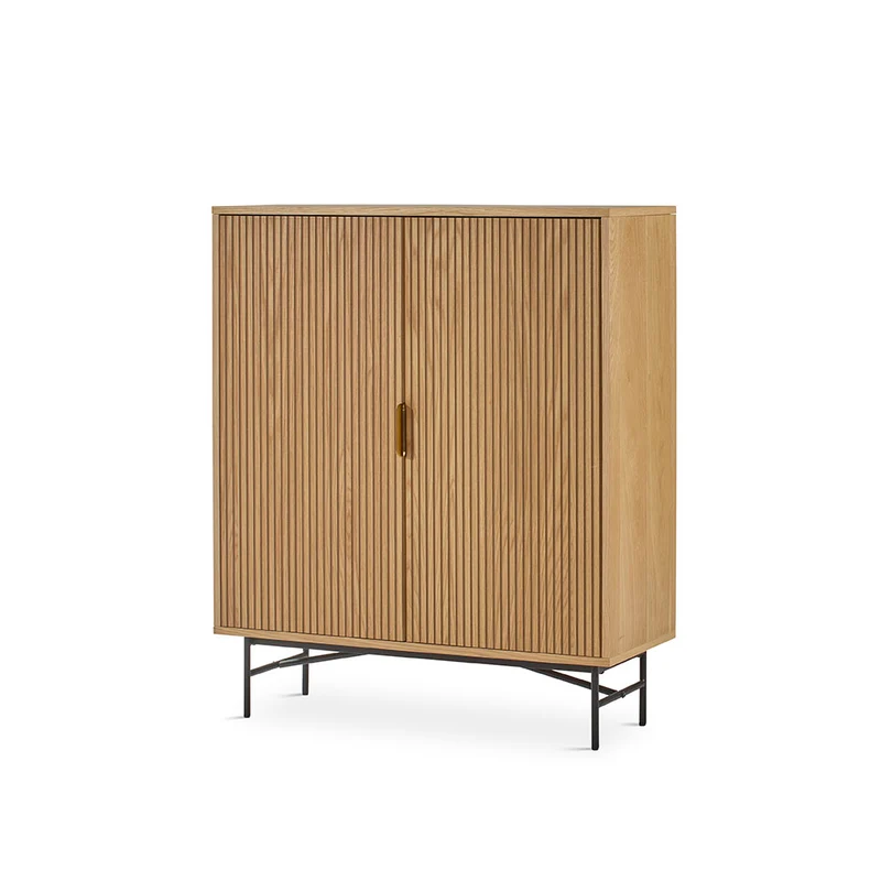Storage unit in natural oak veneer with metal legs, 120 cm high
