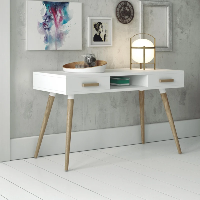 Desk in white wood with oak legs
