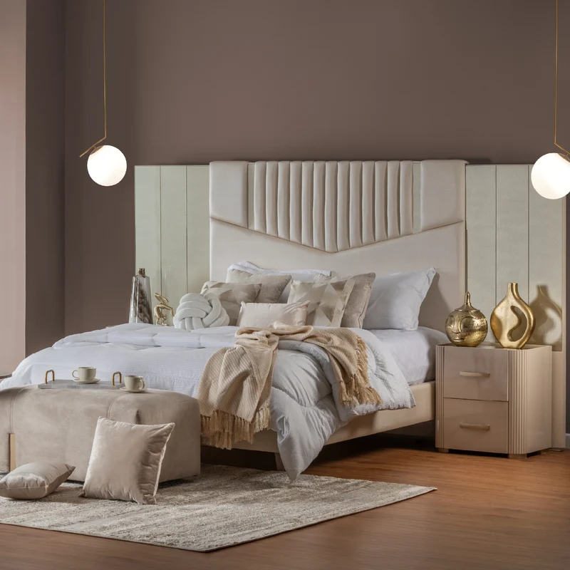 Combo Cama Doble Sabina Off White, Champaña, Beige + Colchón Silenzio Deluxe Pillow Top