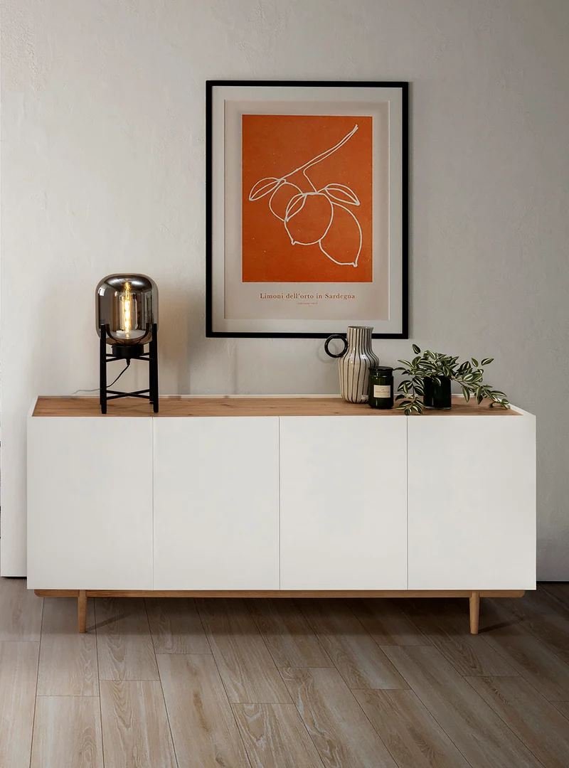 Sideboard in white lacquer with oak legs