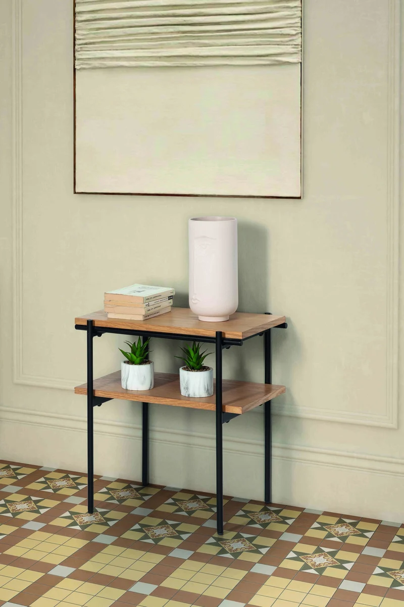 Side table in natural wood with metal legs, 50 x 30 cm