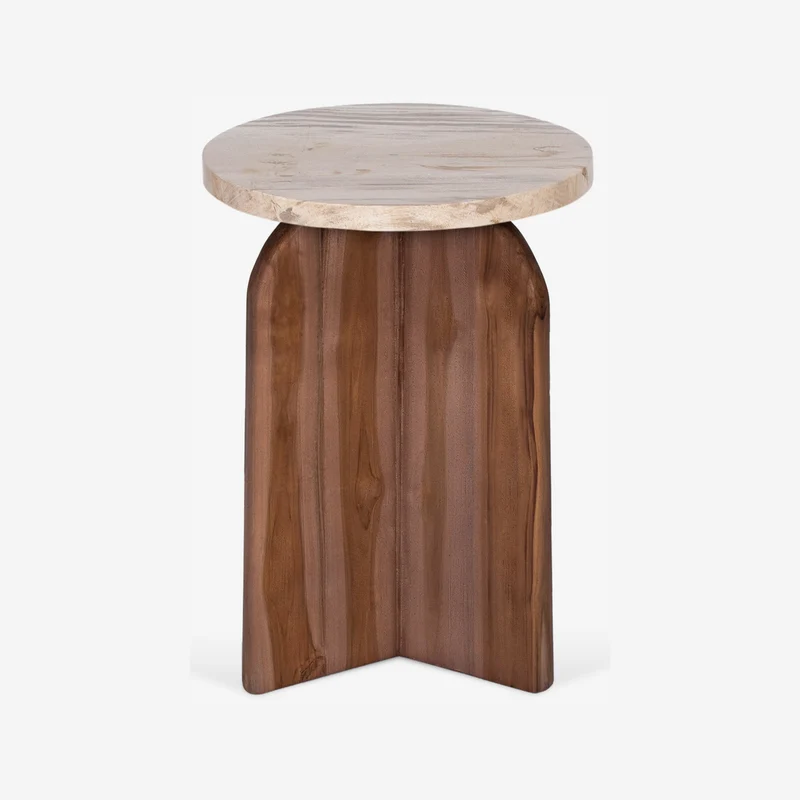 Round side table in natural marble with solid wood legs, 30 x 30 cm
