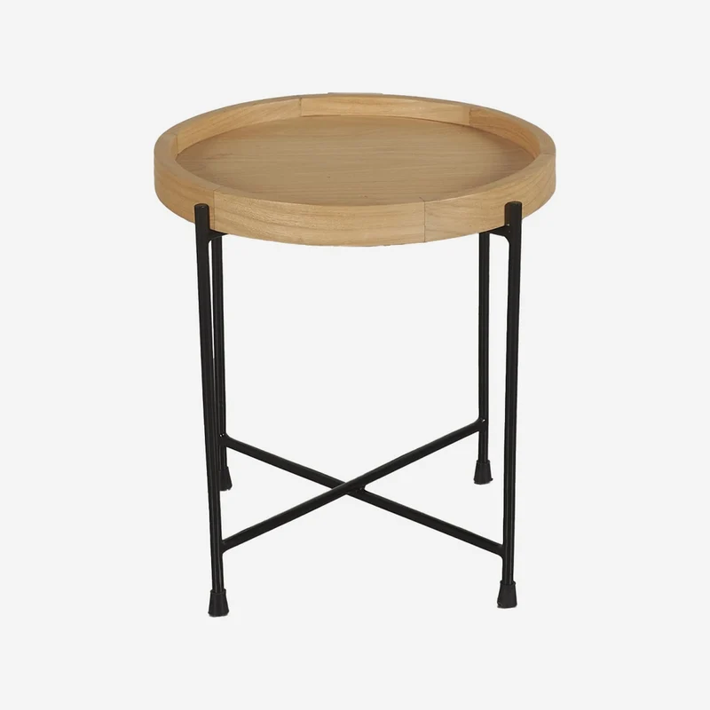 Round side table in natural oak veneer with crossed black metal legs, 40 x 45 cm