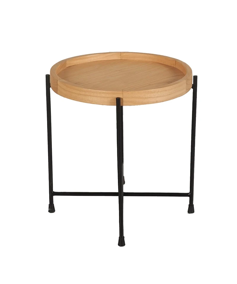Round side table in natural oak veneer with crossed black metal legs, 40 x 45 cm