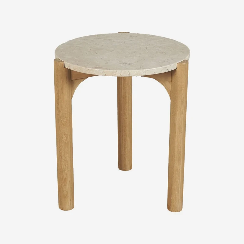 Round side table in natural marble with three conical wooden legs, 40 x 45 cm