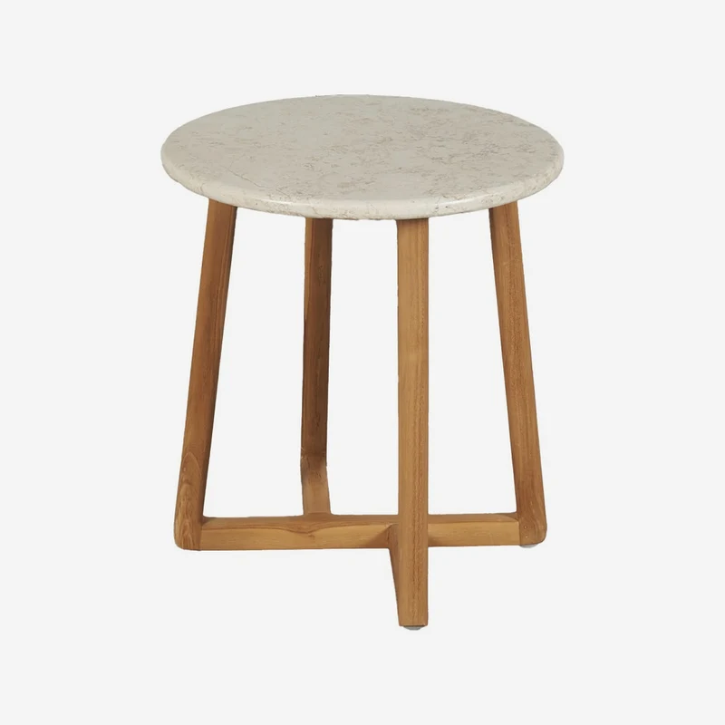 Round side table in natural marble with wooden legs and crossbar, 40 x 45 cm