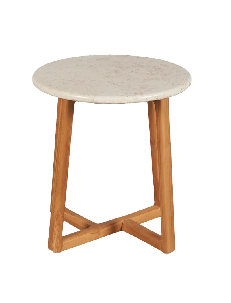 Round side table in natural marble with wooden legs and crossbar, 40 x 45 cm