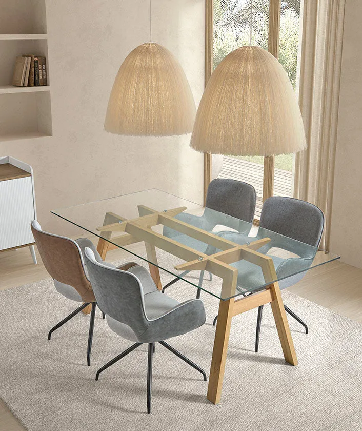 Chair upholstered in beige fabric with two-tone metal legs, 62 cm