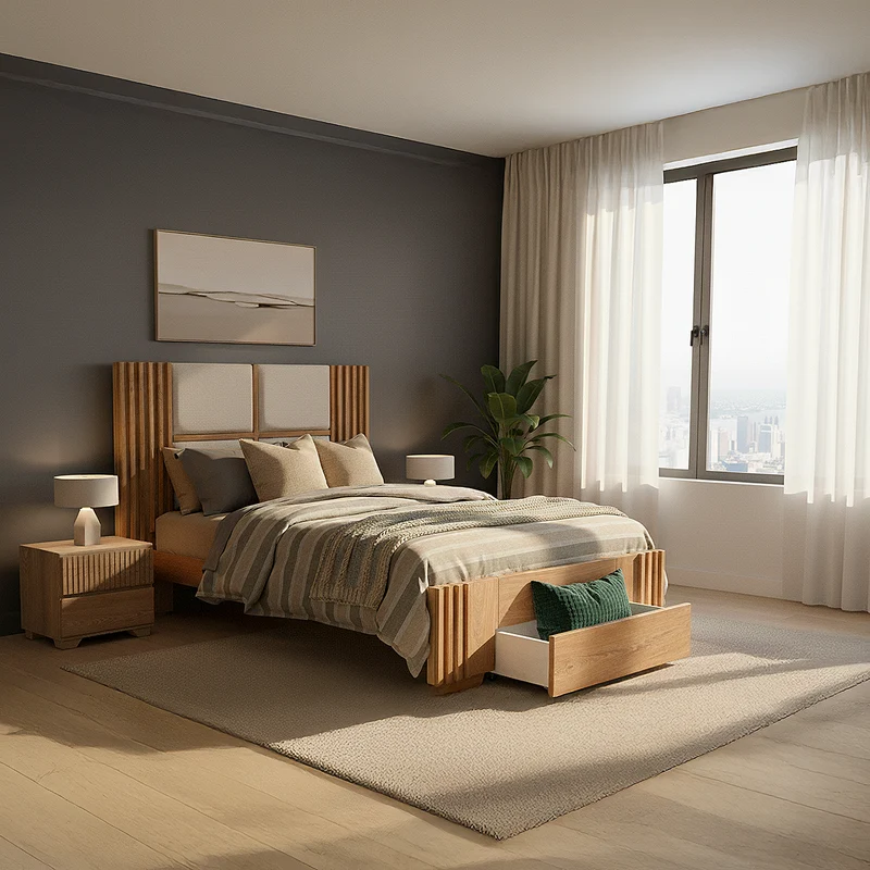 Combo Cama Semi Doble Texas Beige, Natural + Colchón Lexus Deluxe Doble Pillow Top