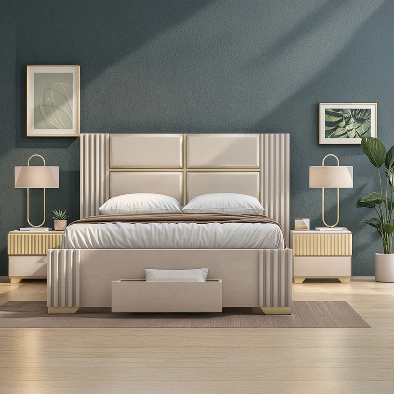 Combo Cama Queen Texas Beige, Off White, Champaña + Colchón Lexus Deluxe Doble Pillow Top