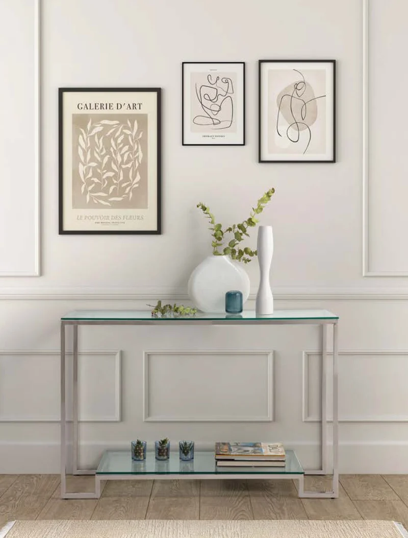 Rectangular console table in glass and silver steel with lower shelf, 120 x 40 cm