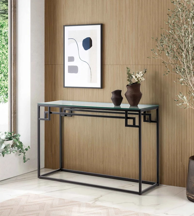 Rectangular console table in glass and black steel, 120 x 40 cm