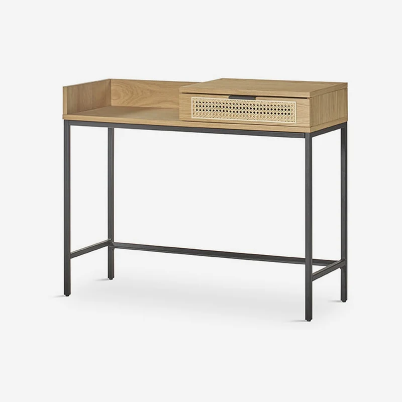 Rectangular console table in natural oak veneer with metal legs, 100 x 35 cm