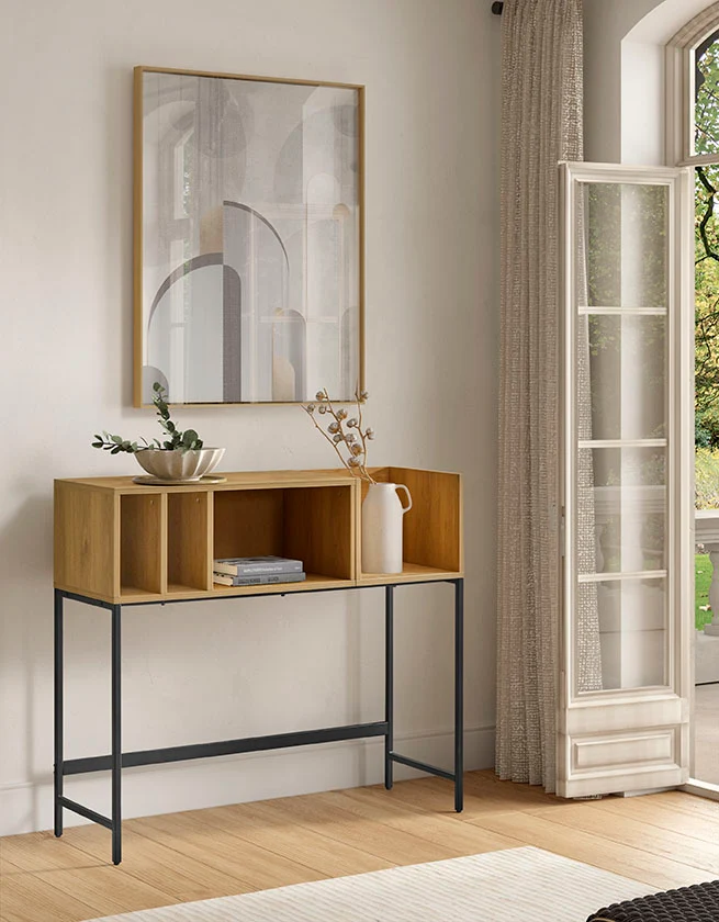 Rectangular console table in natural laminated oak with metal legs, 120 x 40 cm, 105 cm high