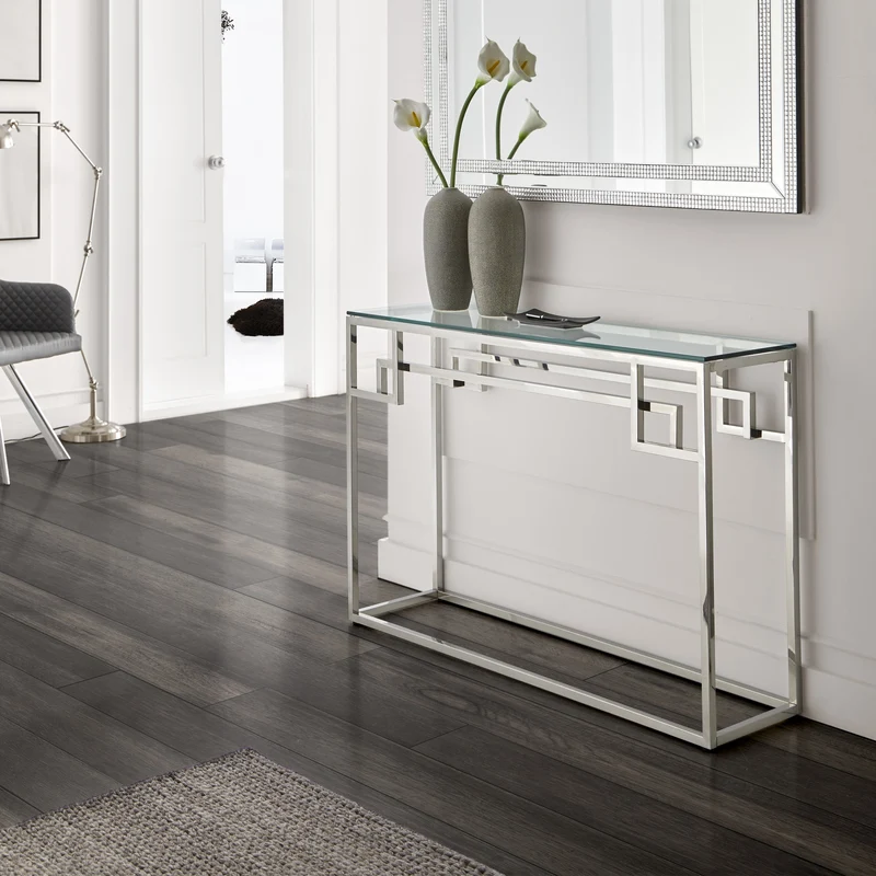 Rectangular console table in glass and silver steel with fretwork frame, 120 x 40 cm